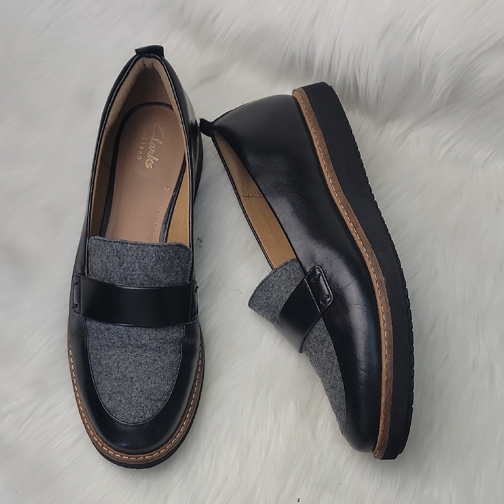 CLARKS ARTISAN Black Gray Felt Slip On Comfort Platform Preppy Office Loafers 8
